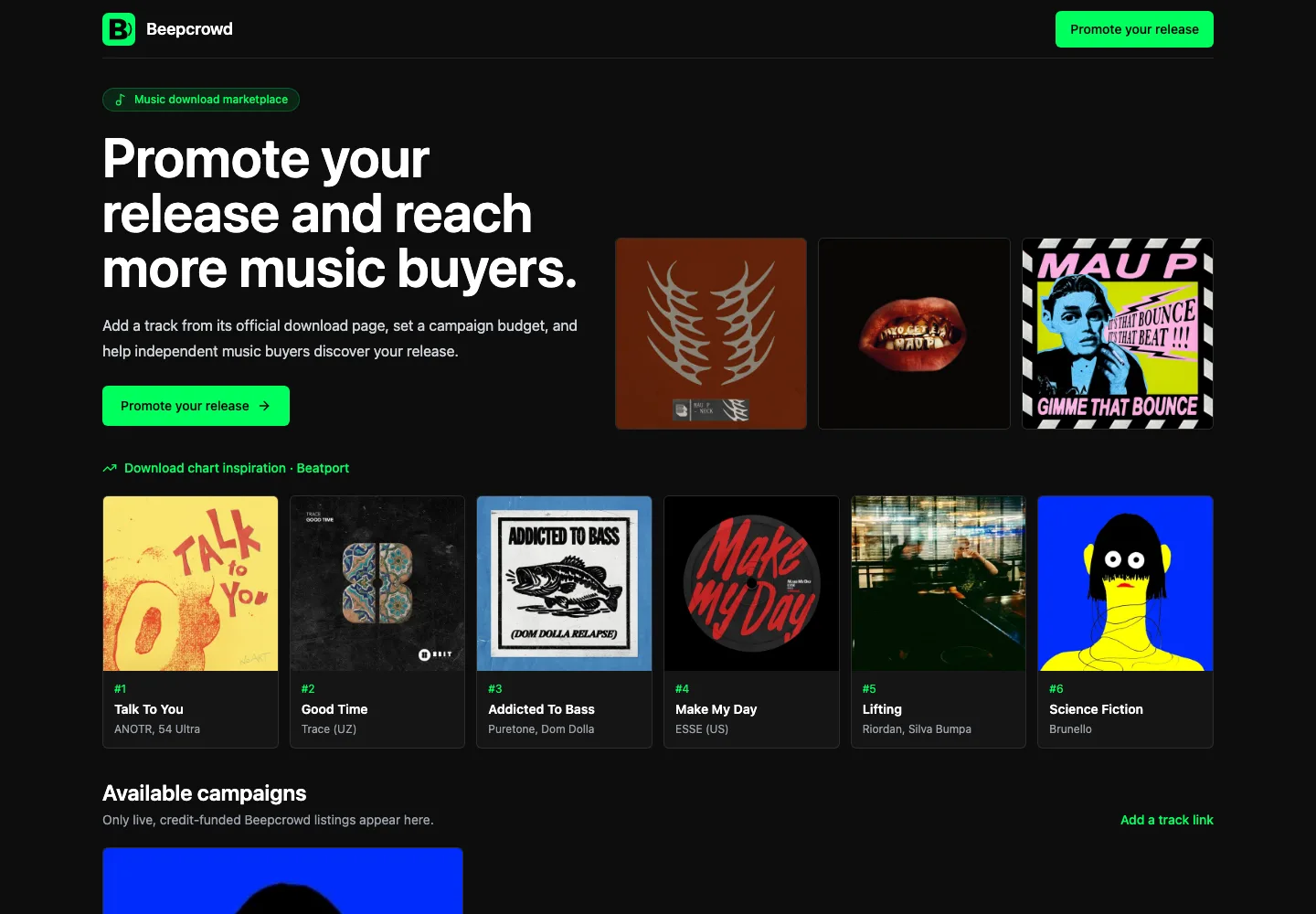BeepCrowd homepage showing music release promotion marketplace