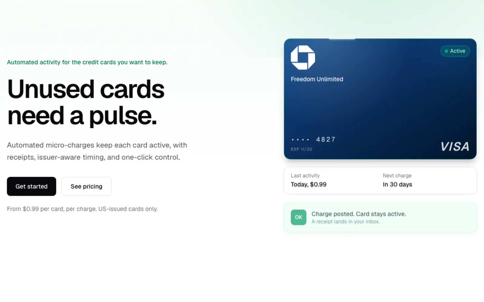 KeepCardAlive focused live homepage capture showing active credit card automation