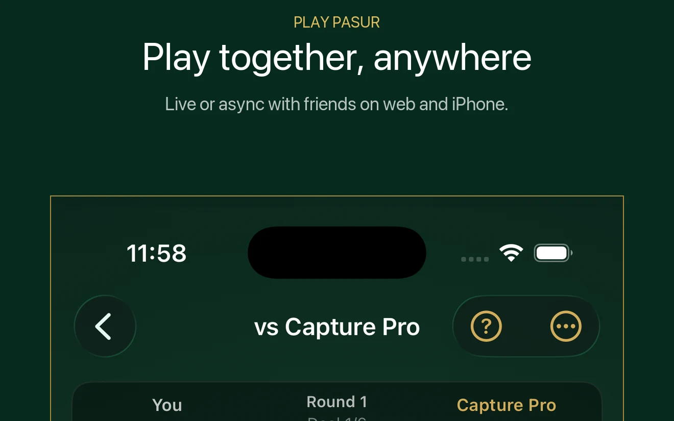 Play Pasur App Store artwork showing asynchronous gameplay on iPhone